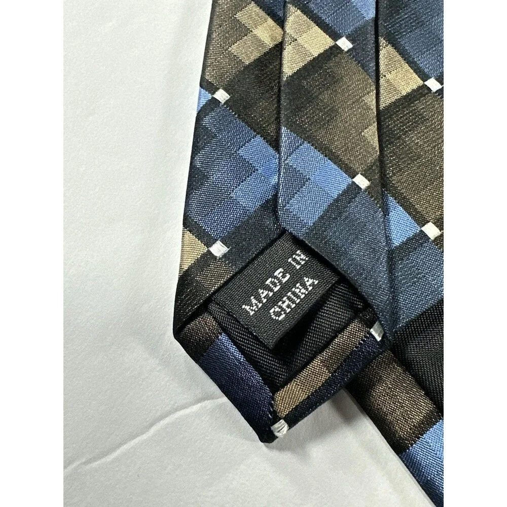 Bugatti Men’s Silk Necktie - Geometric Check/Plaid Pattern - Blue, Brown & Tan